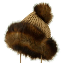 Ladies Crocheted Knit Pom Ski Beanie -Fashion Accessories Store ck003bu tan 1