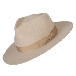 Women's Wool Felt Grosgrain Ribbon Band Trim Pinched Crown Fedora Hat -Fashion Accessories Store os001cf oatmeal 5