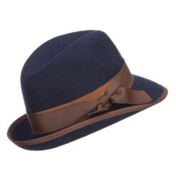 Women's Ribbon Accent Wool Fedora -Fashion Accessories Store rw001cf navy 3