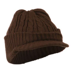 Twist Knitted Cuff Beanie With Visor -Fashion Accessories Store tk004cv brown 4