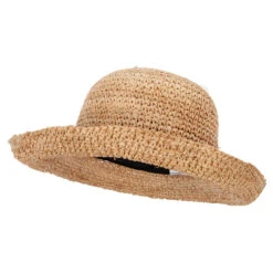 Women's 3 Inch Turn Up Brim Straw Crochet Summer Bucket Hat